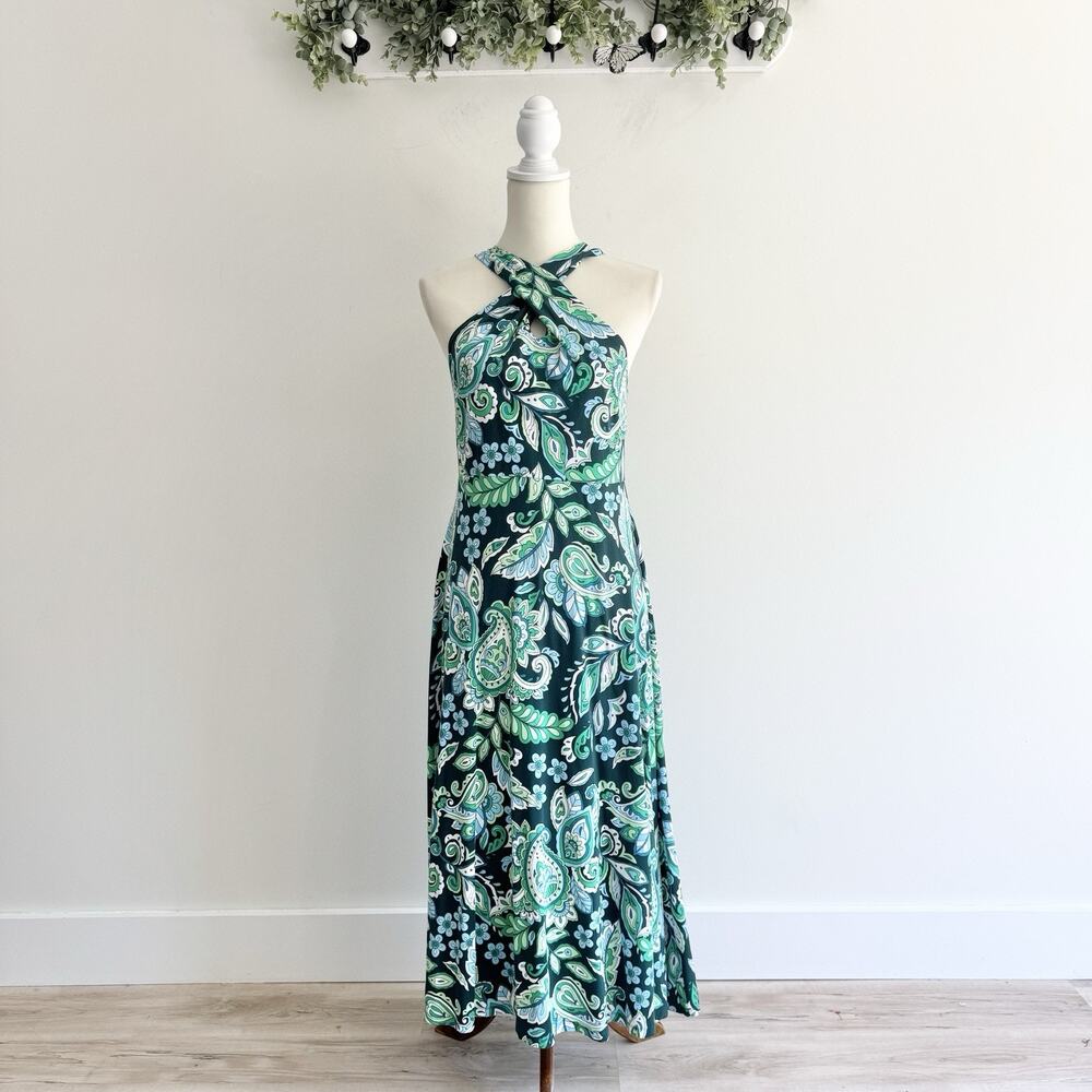 Loft Paisley Keyhole Blue Green Midi Dress Cruise Resort Vacation Beach Size 2